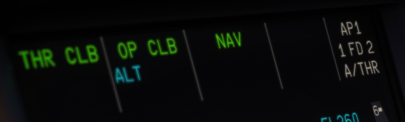 Detail of the actual Fenix FMA: THR CLB / OP CLB / NAV; ALT is armed.