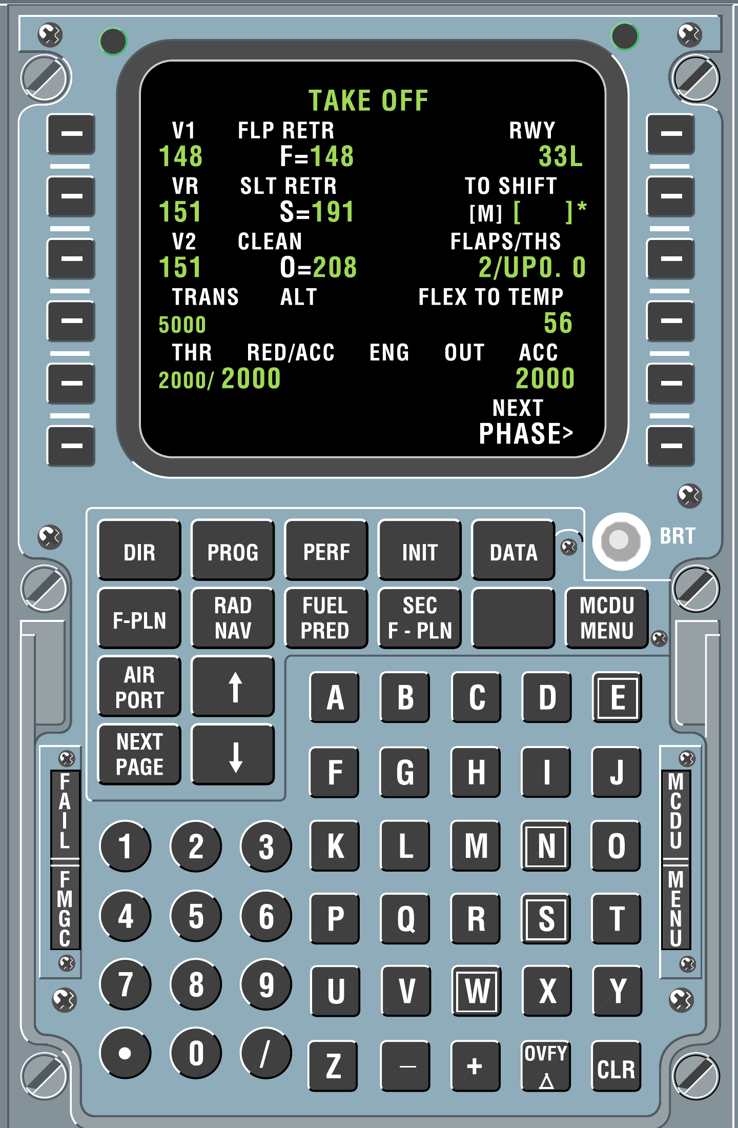 MCDU display, twelve line-select keys, page keys and keyboard. Original reference screen depicts a different flight; the exercise inputs are given separately.