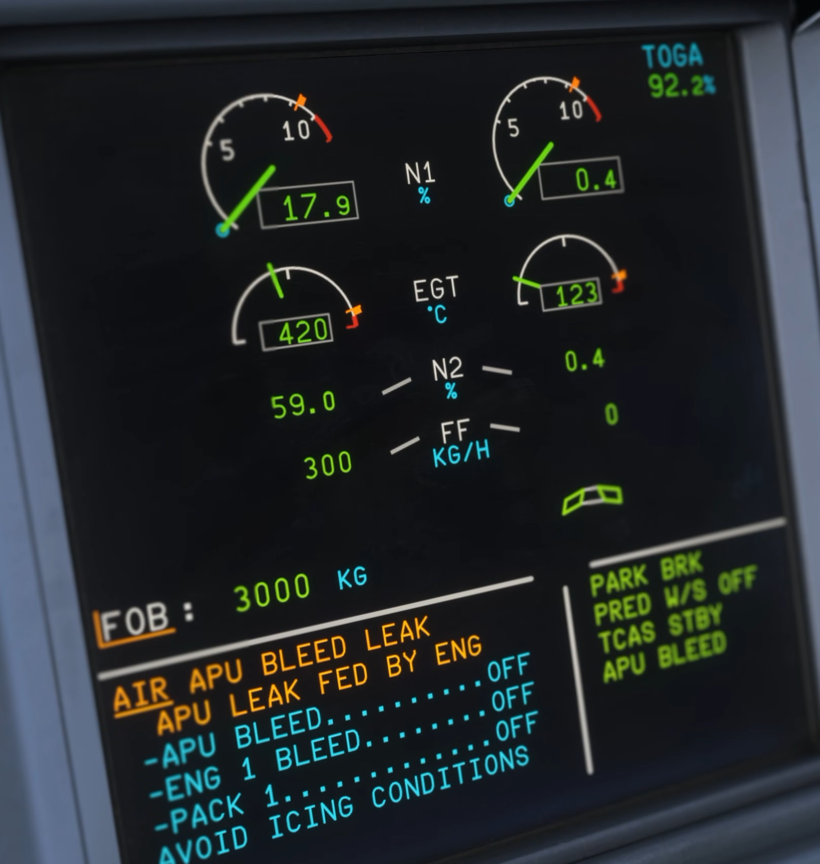 Original Fenix V3 warning-system demonstration: AIR APU BLEED LEAK appears in the E/WD.