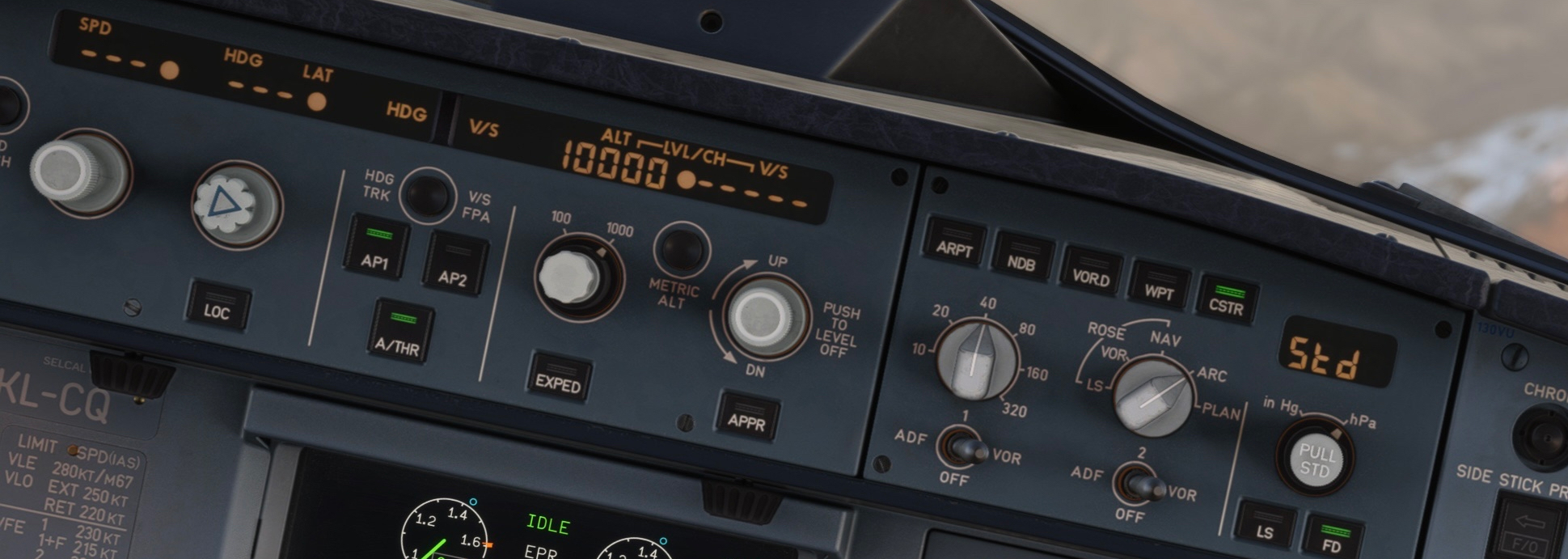 Original Fenix FCU/EFIS detail. ALT 10000 is selected; SPD/HDG windows are dashed. The far-left speed knob is outside this source view.