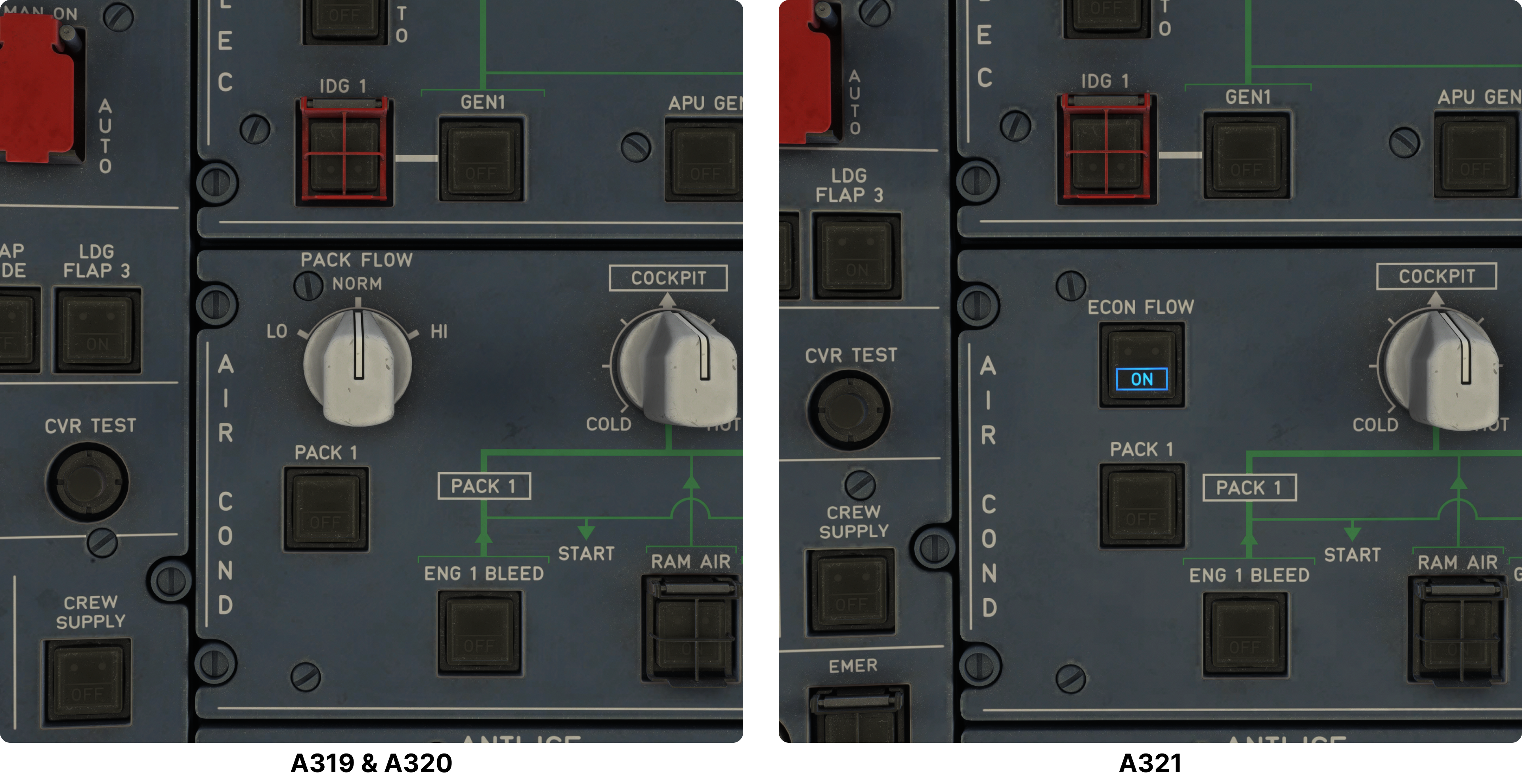 Original Fenix pack controls: A319/A320 PACK FLOW selector at left; A321 ECON FLOW pushbutton at right.