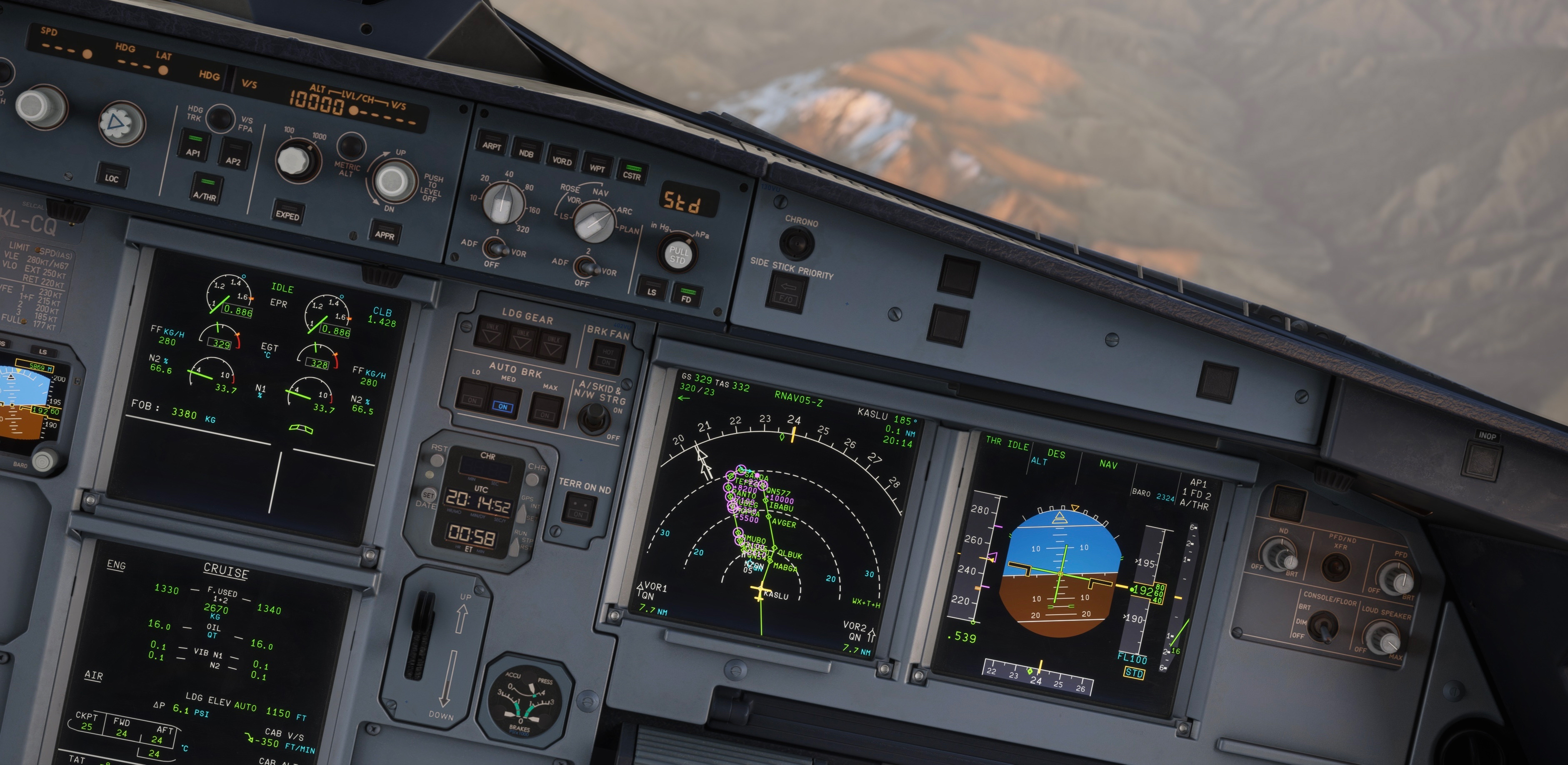 Original Fenix A320 main panel from the first-officer side. IAE/EPR engine display; the overhead and full pedestal are outside the frame.