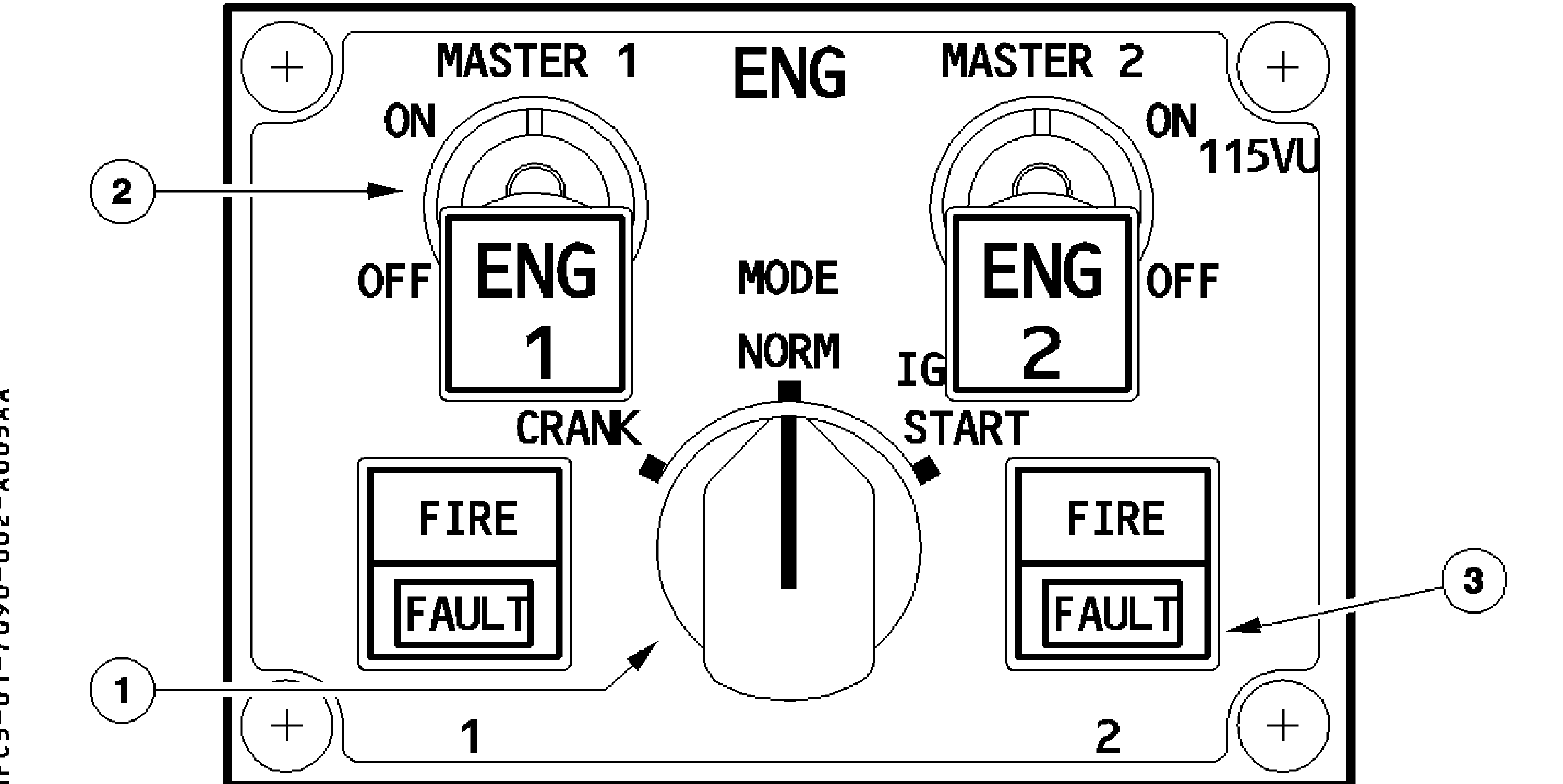 ENG MASTER switches and the CRANK / NORM / IGN START selector.