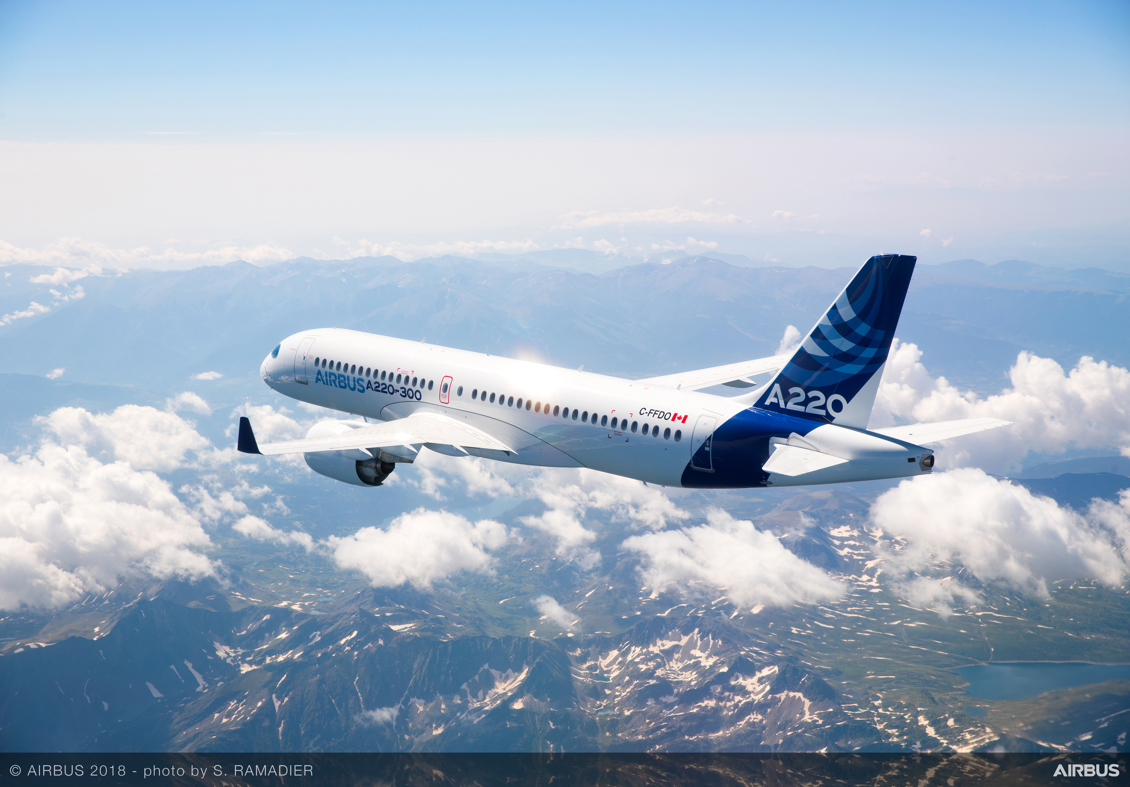 The A220-300 in Airbus colours. Its Canadian design origin distinguishes it from the A320 family.