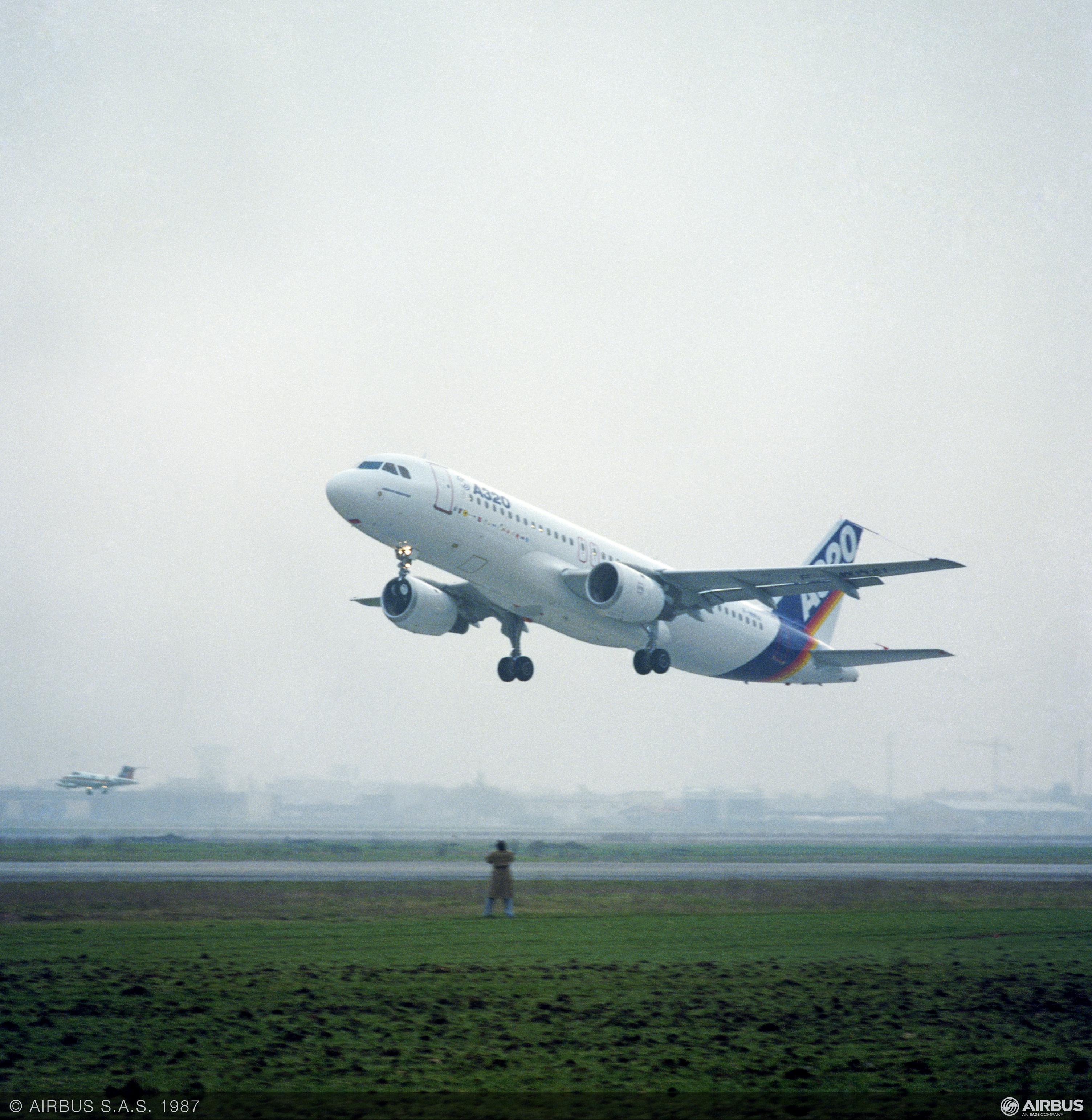 The prototype A320 lifts off on 22 February 1987. Its early engine fit should not be confused with a later ceo configuration.