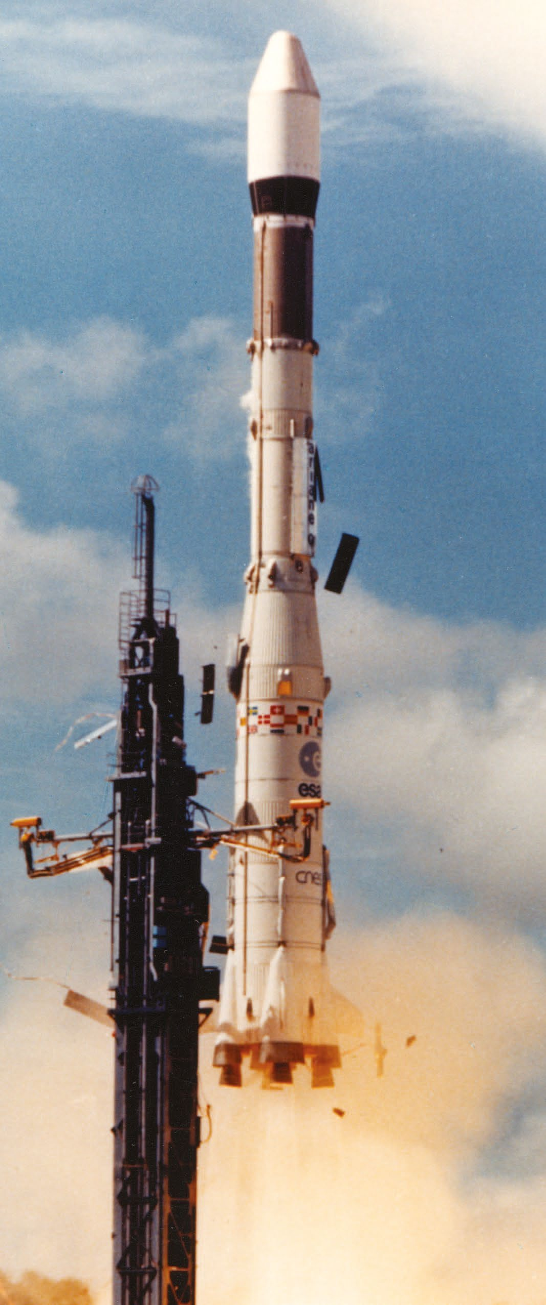 Ariane launcher archive image, reproduced in Airbus' corporate history. European agencies and industrial partners share the programme's history.