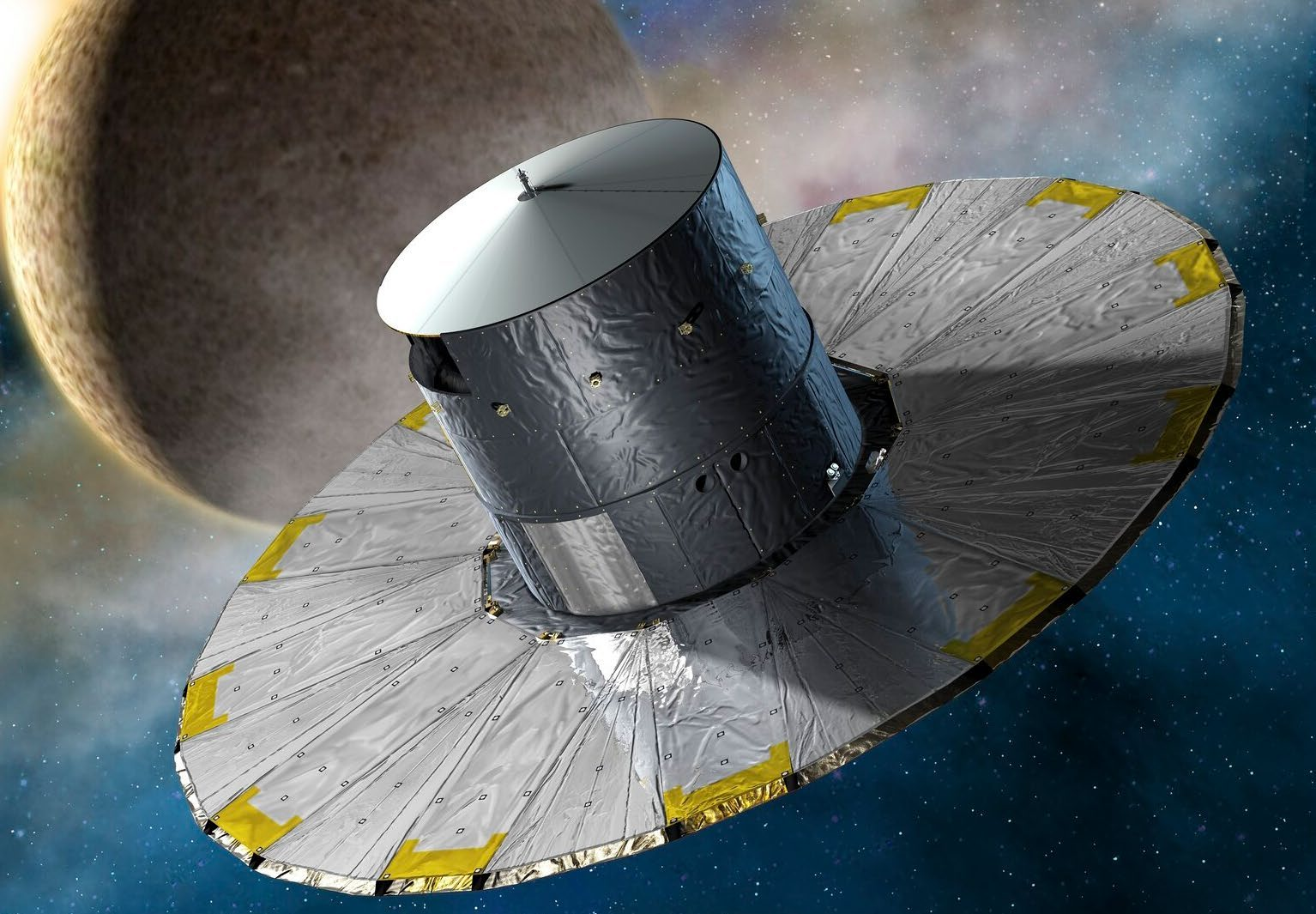 Artist's representation of Gaia, the observatory built by Airbus for ESA. This is an illustration rather than an in-space photograph.