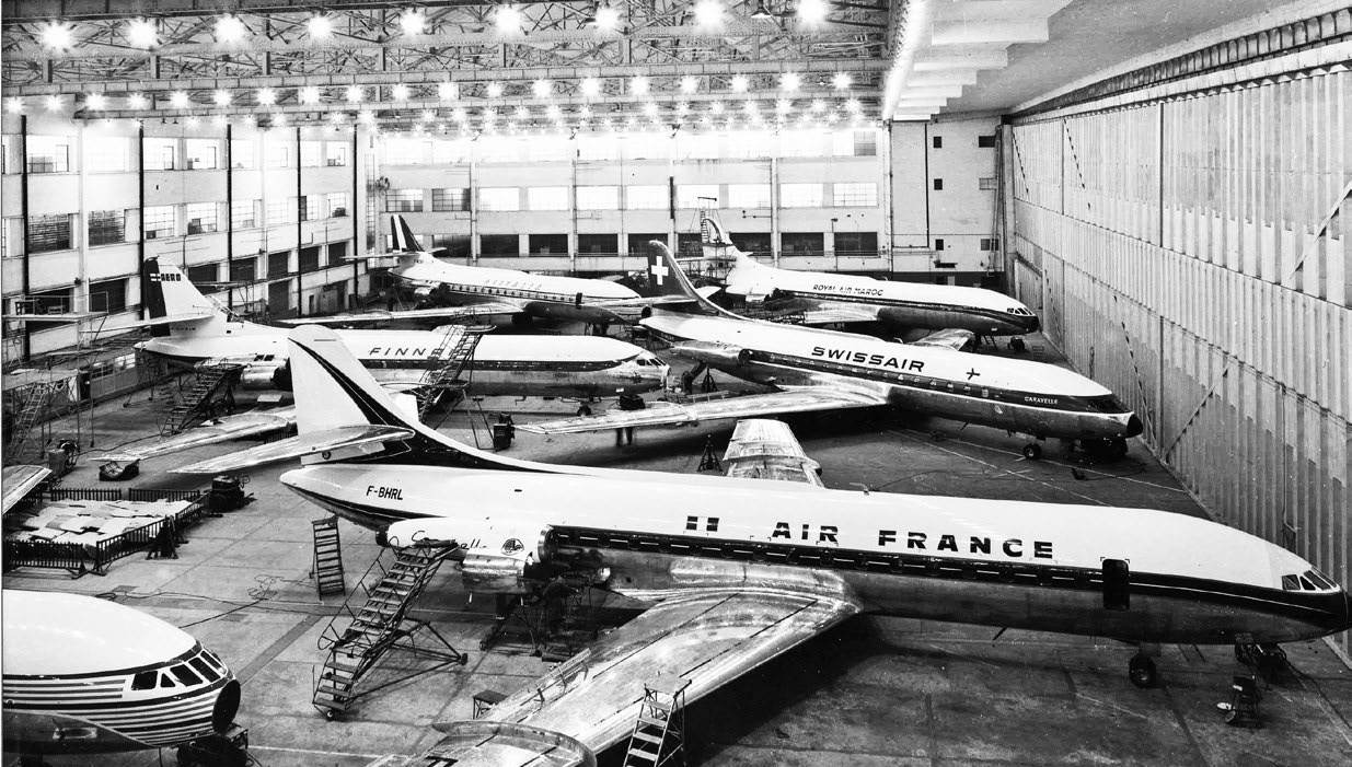 Caravelle airframes in the maintenance hall at Toulouse.