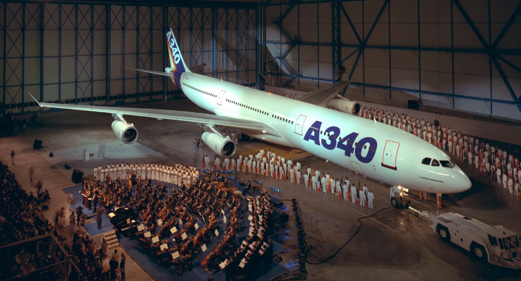 The four-engine A340-300 at rollout in Airbus’s 1991 chronology. This is the early A340, not the later A340-600 derivative.