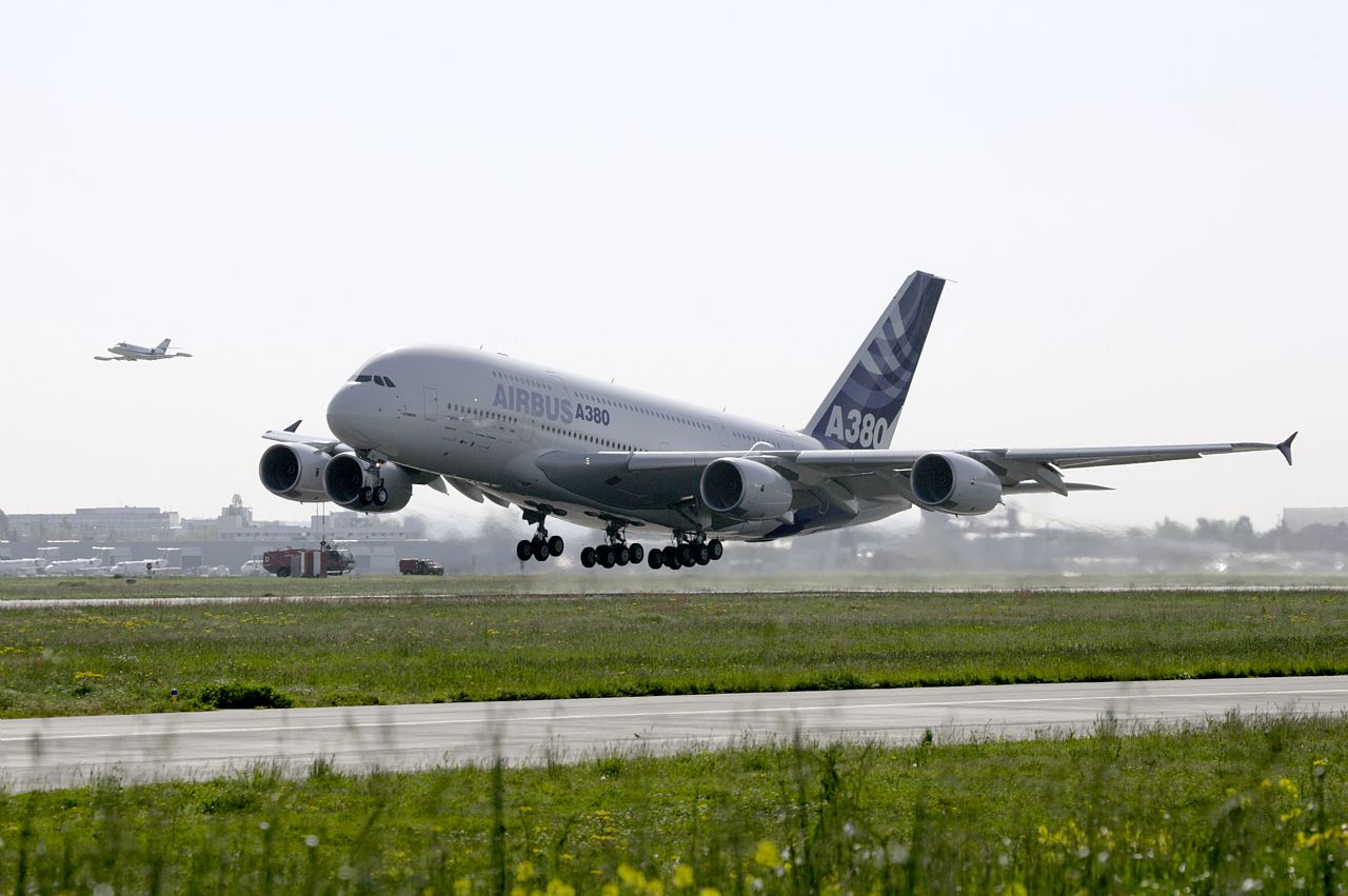 A380 takeoff from Airbus’s first-flight anniversary archive. The type first flew on 27 April 2005.