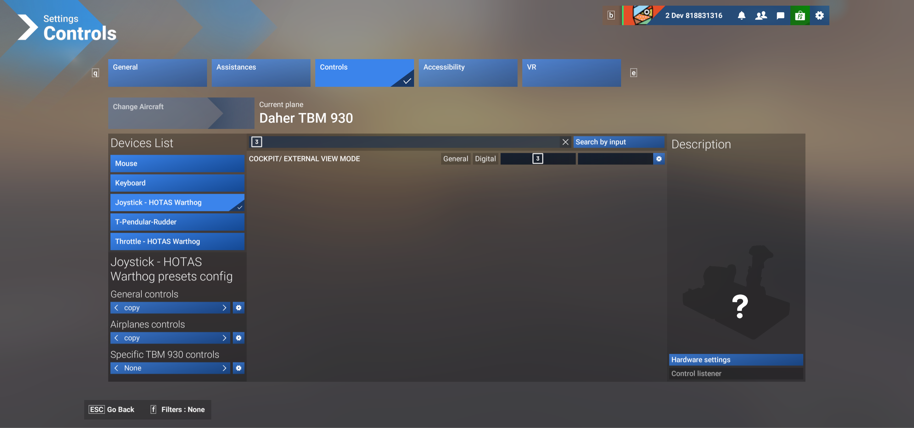 Official MSFS2024 Search by input example. Operate the physical control to find its assignments.