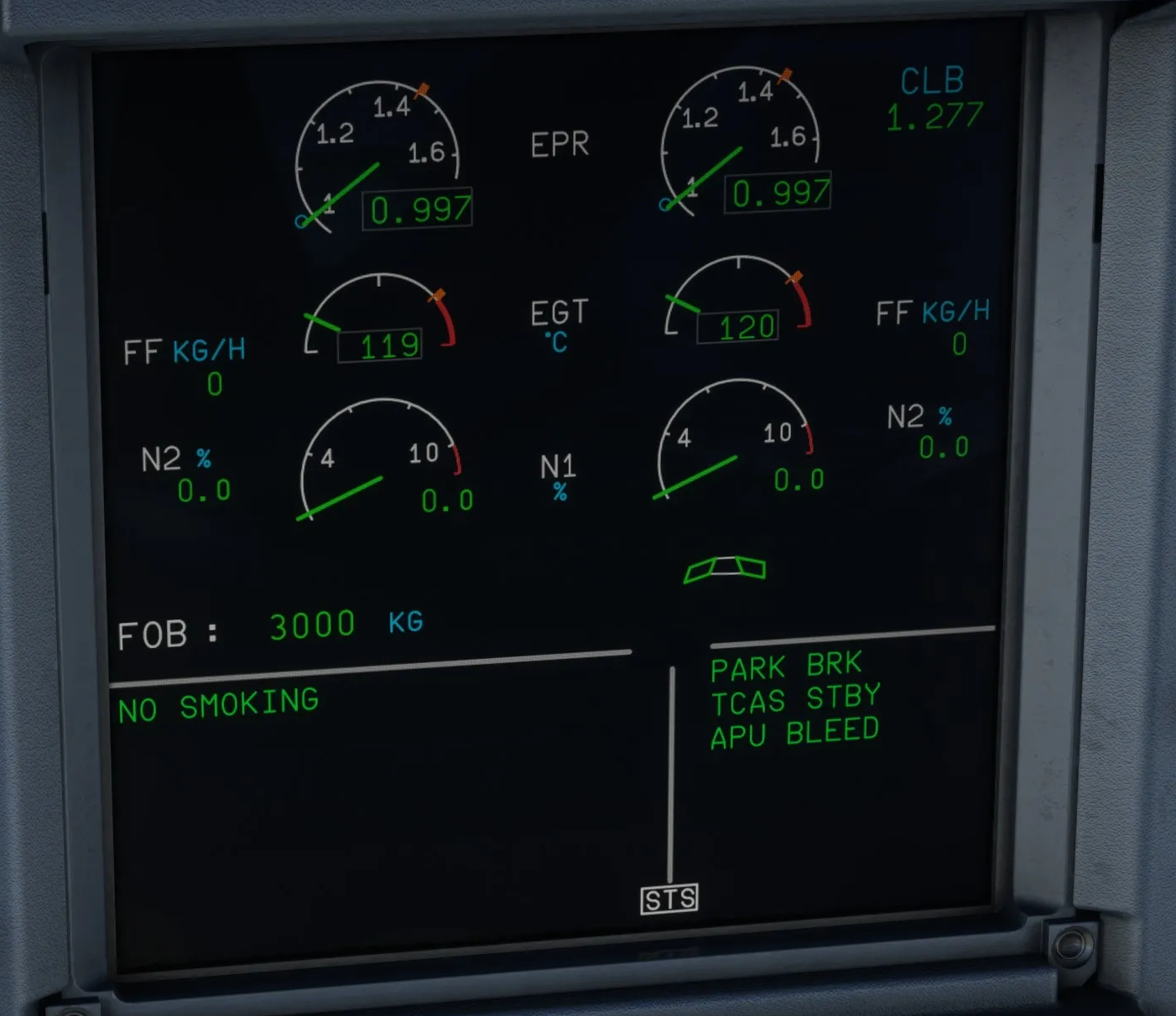 Original Fenix IAE E/WD with EPR as the primary thrust reference. Engines are stopped: N1, N2 and fuel flow are zero.