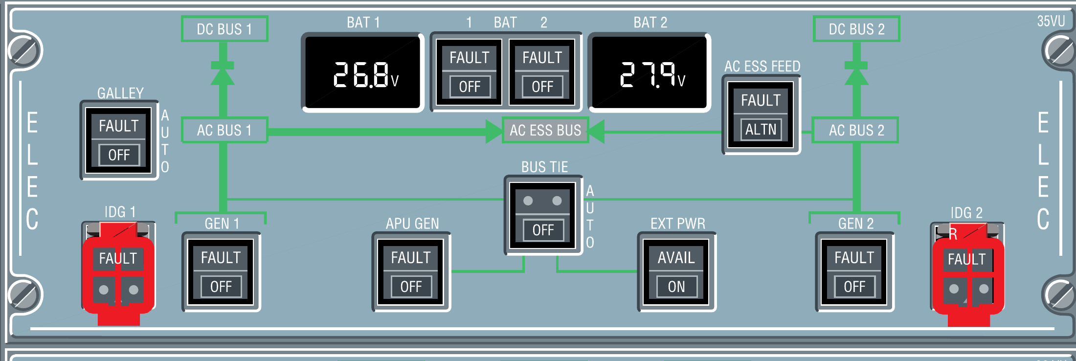 BAT 1, BAT 2, APU GEN and EXT PWR in the original overhead reference.