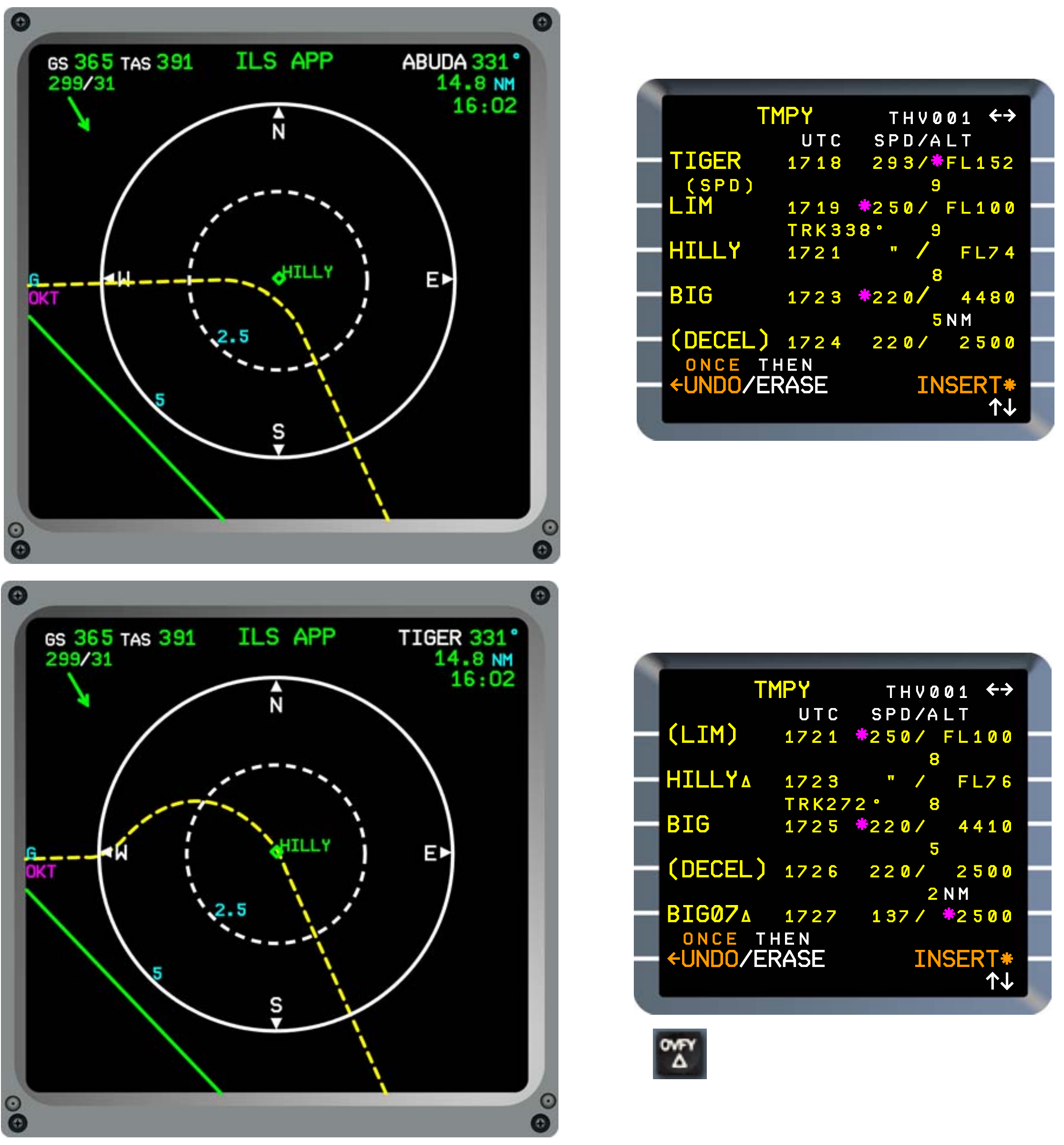 Manufacturer reference: complete ND and temporary-plan panels comparing the source bypass and overfly revisions at HILLY. Identified Thales FMS2 REV1 standard; historical identifiers and predictions.
