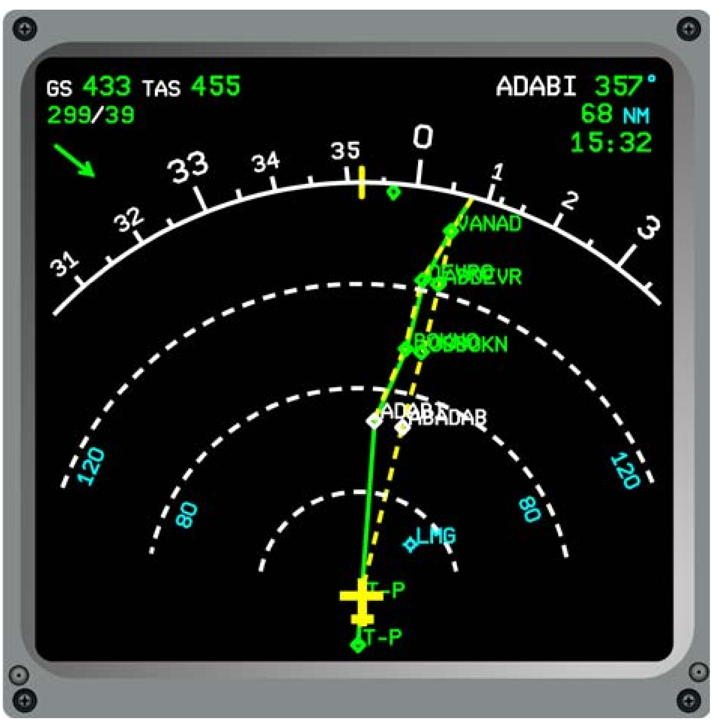 Manufacturer reference: the direct-to and projected abeam geometry on the ND. Complete source display; historical route and values, not the EDDF–EGLL clearance.