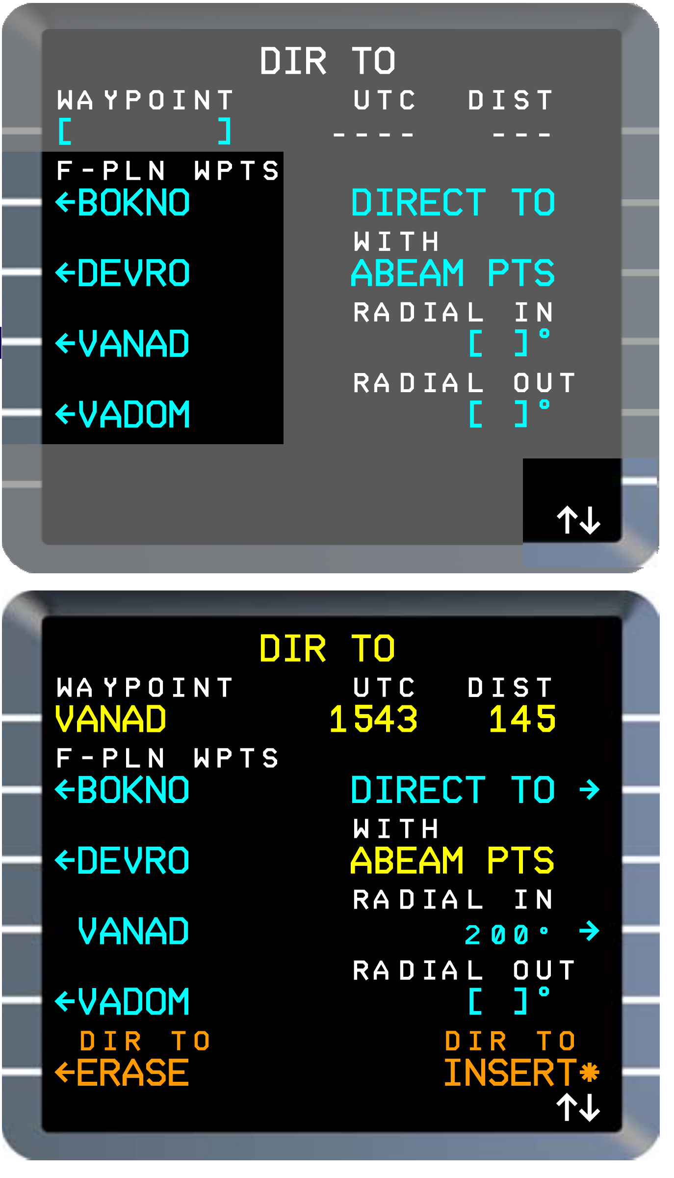 Manufacturer reference: DIR TO proposal and temporary route insertion with ABEAM PTS. Complete display panels from the identified Thales standard; source-example values.