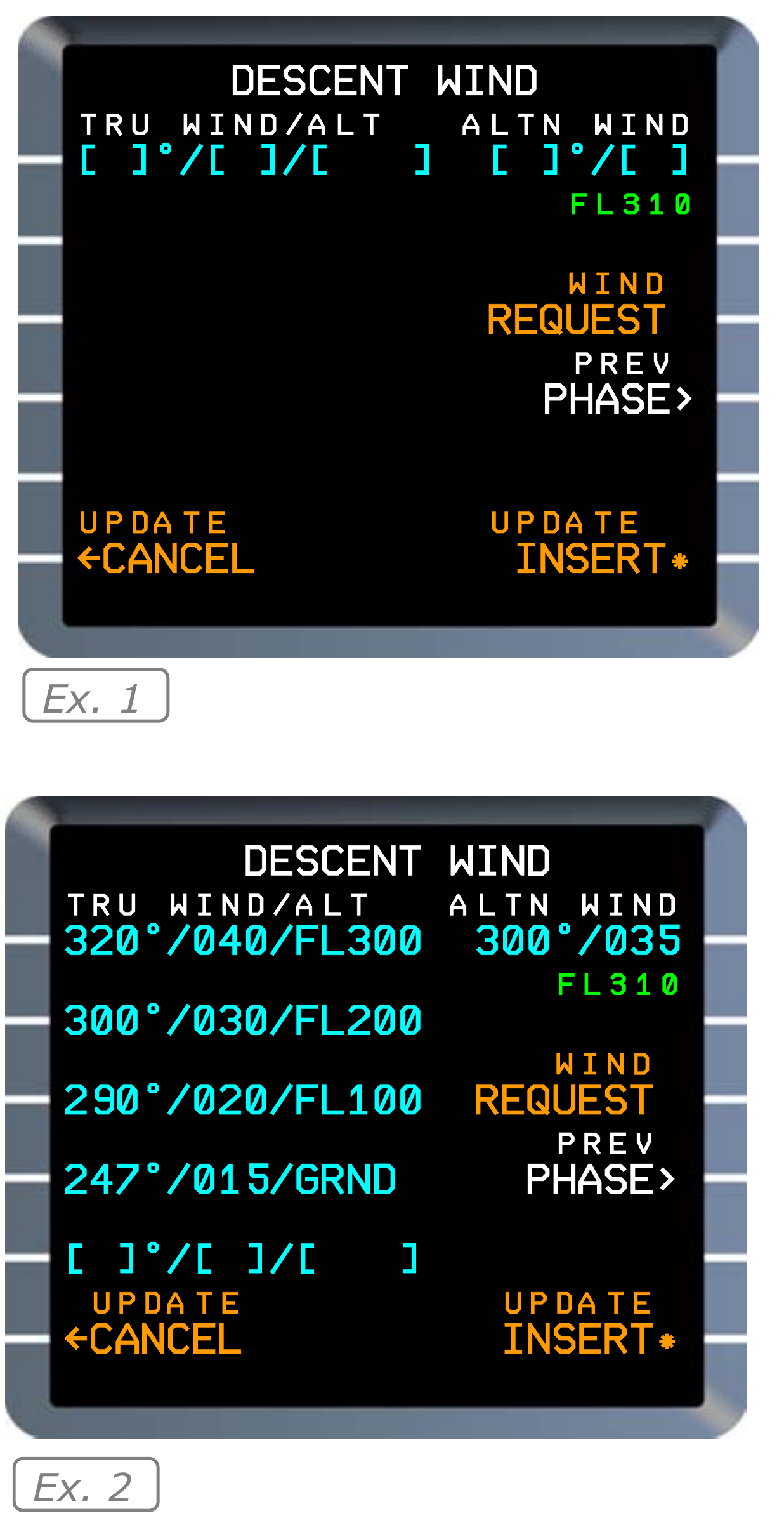 Manufacturer reference: descent-wind fields before entry and after a sample profile has been entered. Complete panels from Thales FMS2 REV1; apply the V3 entry/readback discussion in the text.