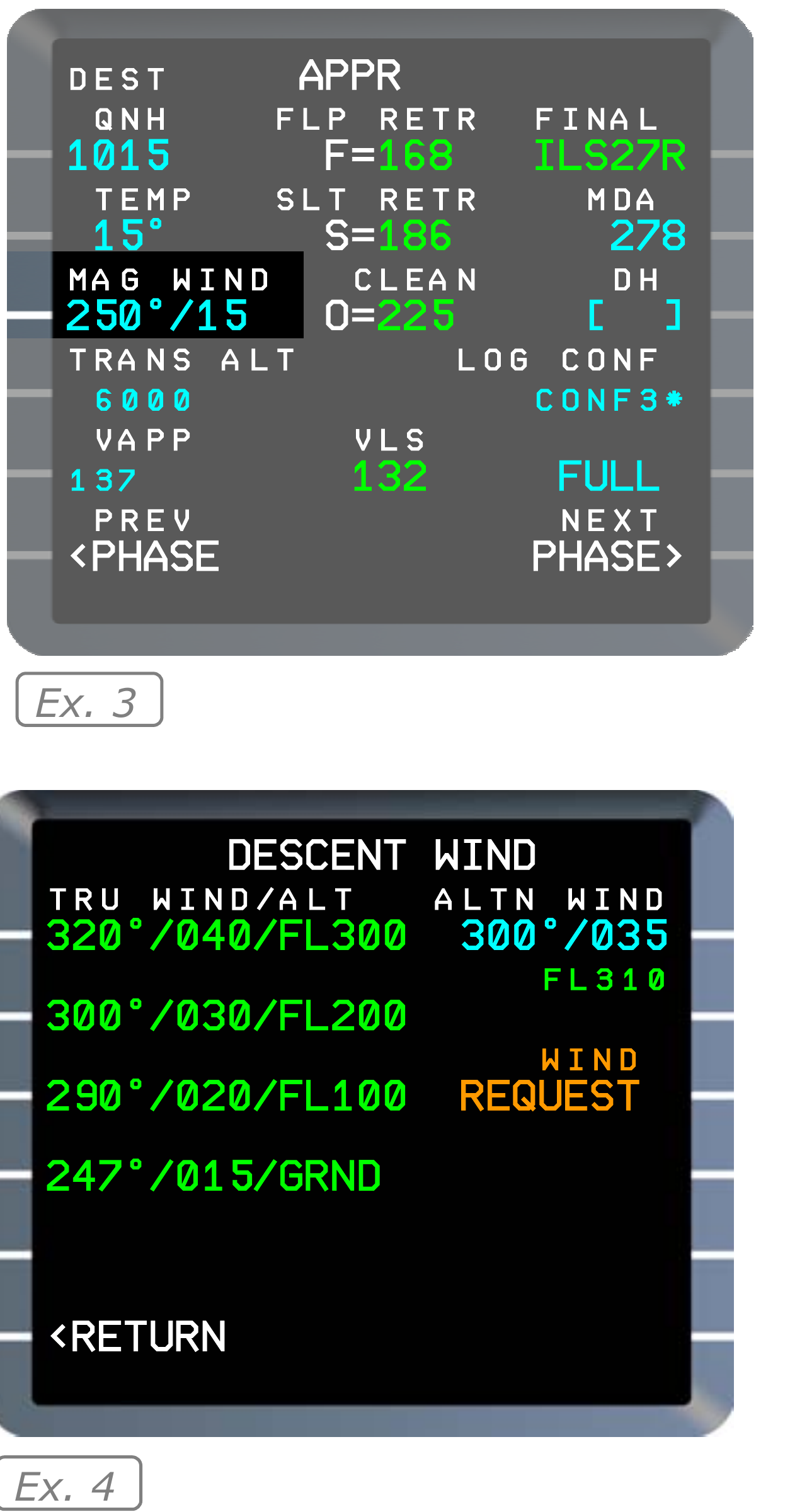 Manufacturer reference: the APPR wind field and the descent-wind display after the source-standard phase transition. Original example values; phase-dependent behaviour is qualified in the V3 discussion.