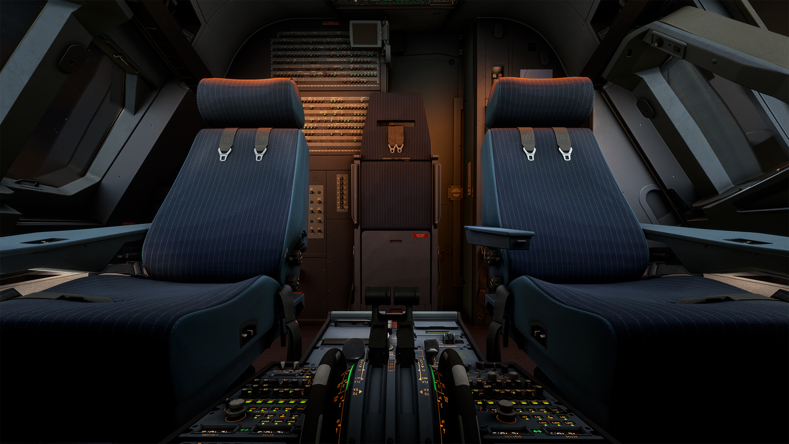 Original Fenix publicity image published 15 May 2022: cockpit seats, rear circuit-breaker panels and pedestal. This is the pre-release 2022 model, not the V3 flight deck.