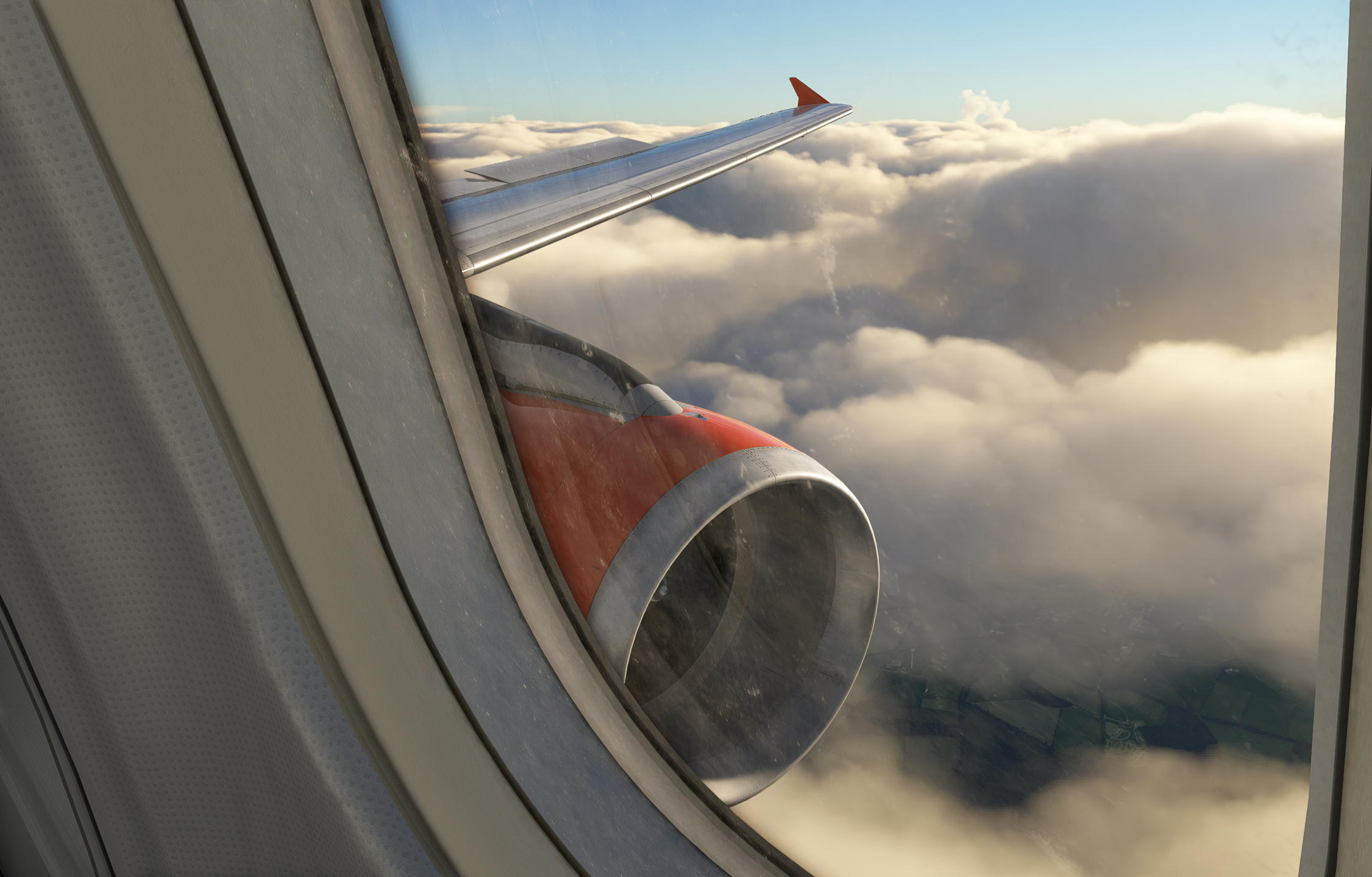 Original May 2022 passenger-window view of the engine and wingtip fence. A dated record of the launch-era visual presentation, before the later IAE and Sharklet additions.