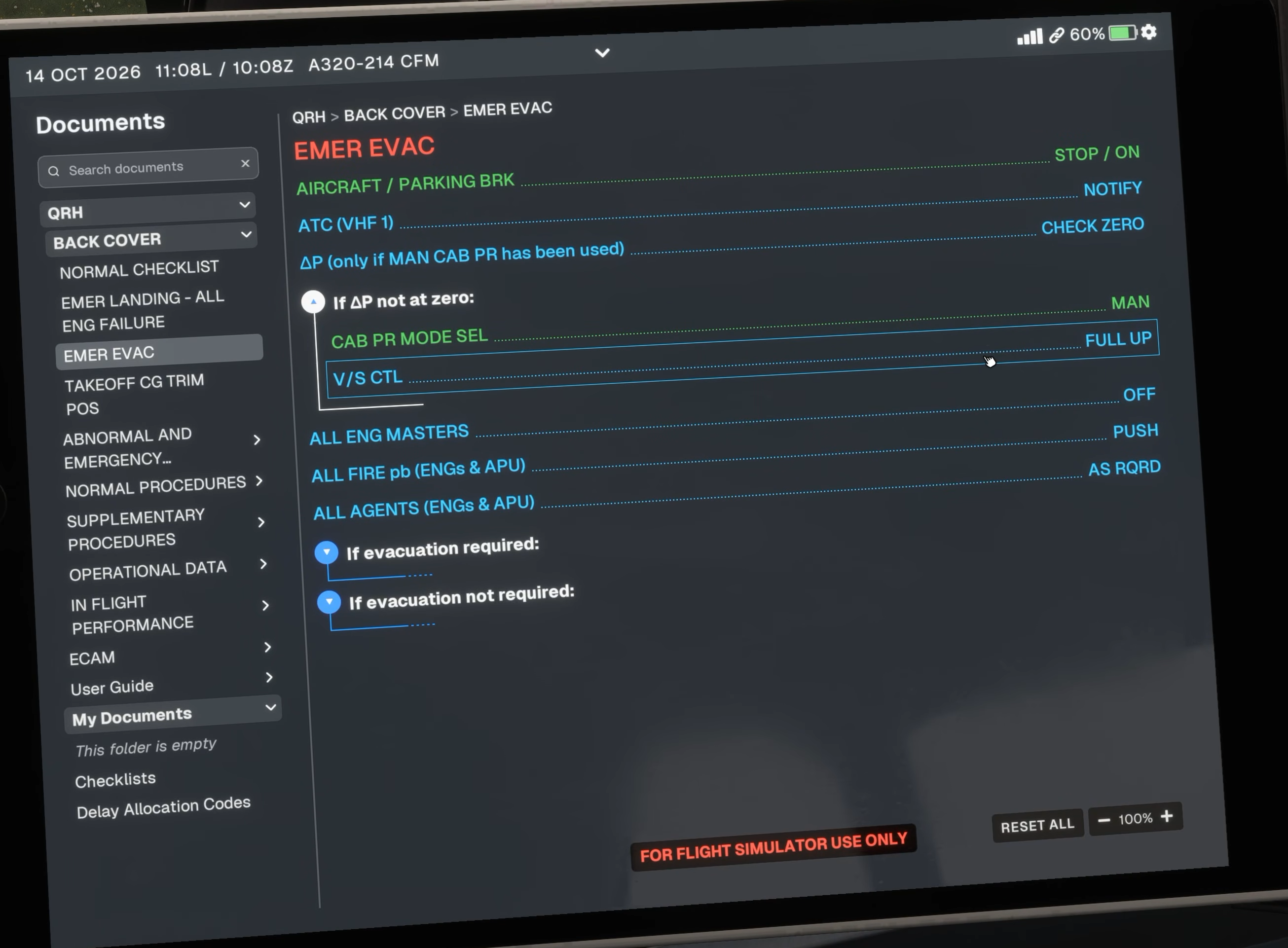 Original Fenix V3 Documents interface. EMER EVAC is selected in this source image; it illustrates navigation, not a normal-flight action.