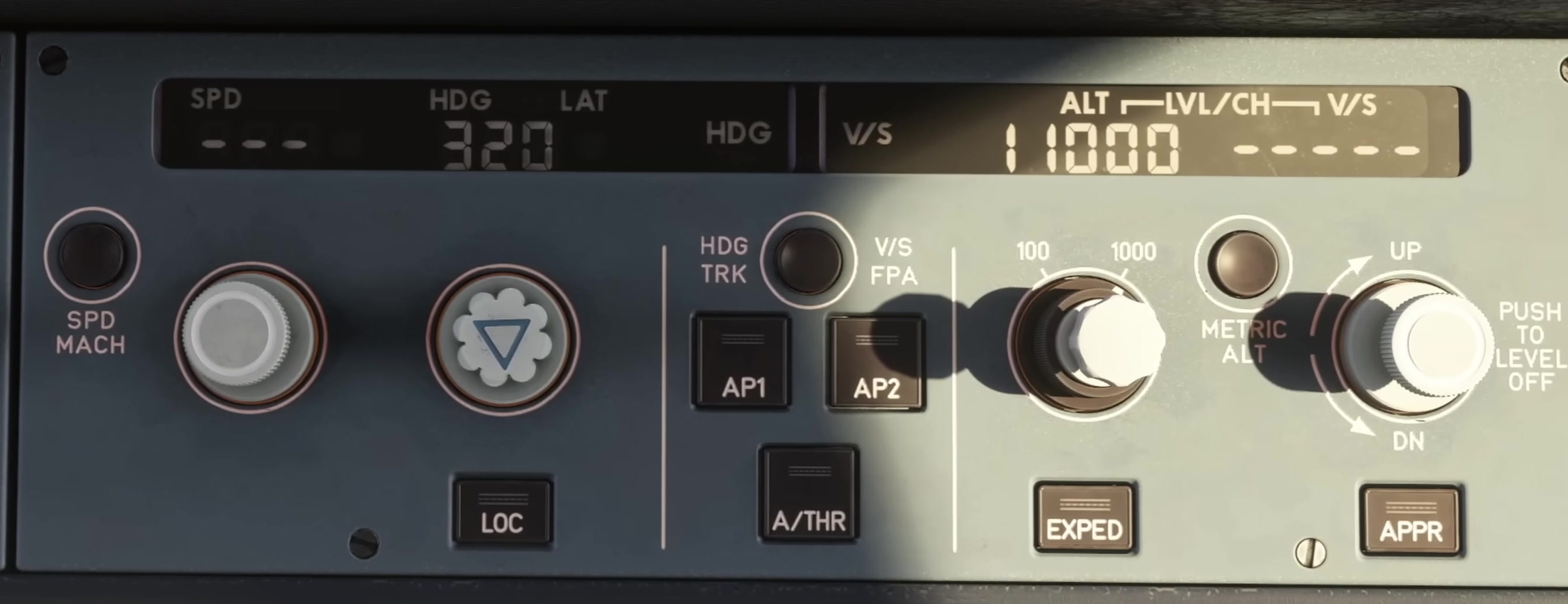 FCU hardware detail from the 2025 presentation: selected windows and mode controls are visible; actual guidance is confirmed on the FMA. Original 2025 source; the surrounding glareshield is outside this detail.