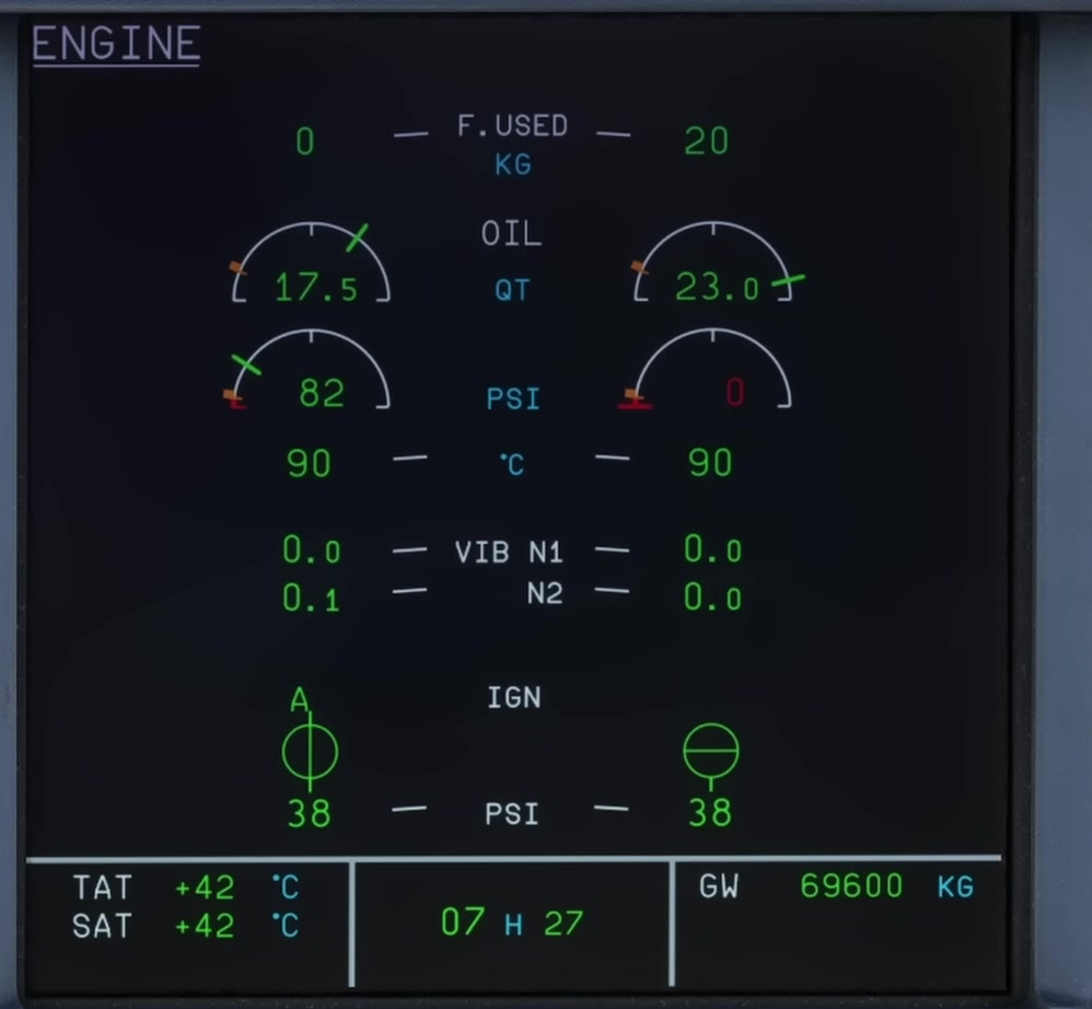 ENGINE page during the same V2 start-state example: ignition A and an open starter-air valve are visible for engine 1. Instrument recognition only; this still does not establish a successful complete start.