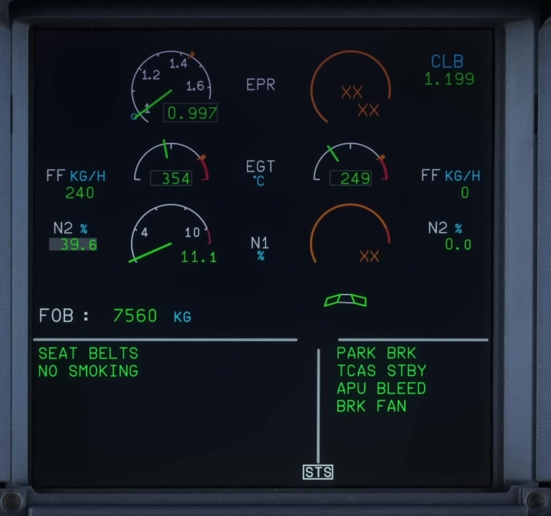 EPR-primary E/WD in an IAE start-state example: engine 1 is starting and engine 2 is stopped. Original V2 instrument-layout reference; the values are neither V3 targets nor stable idle.
