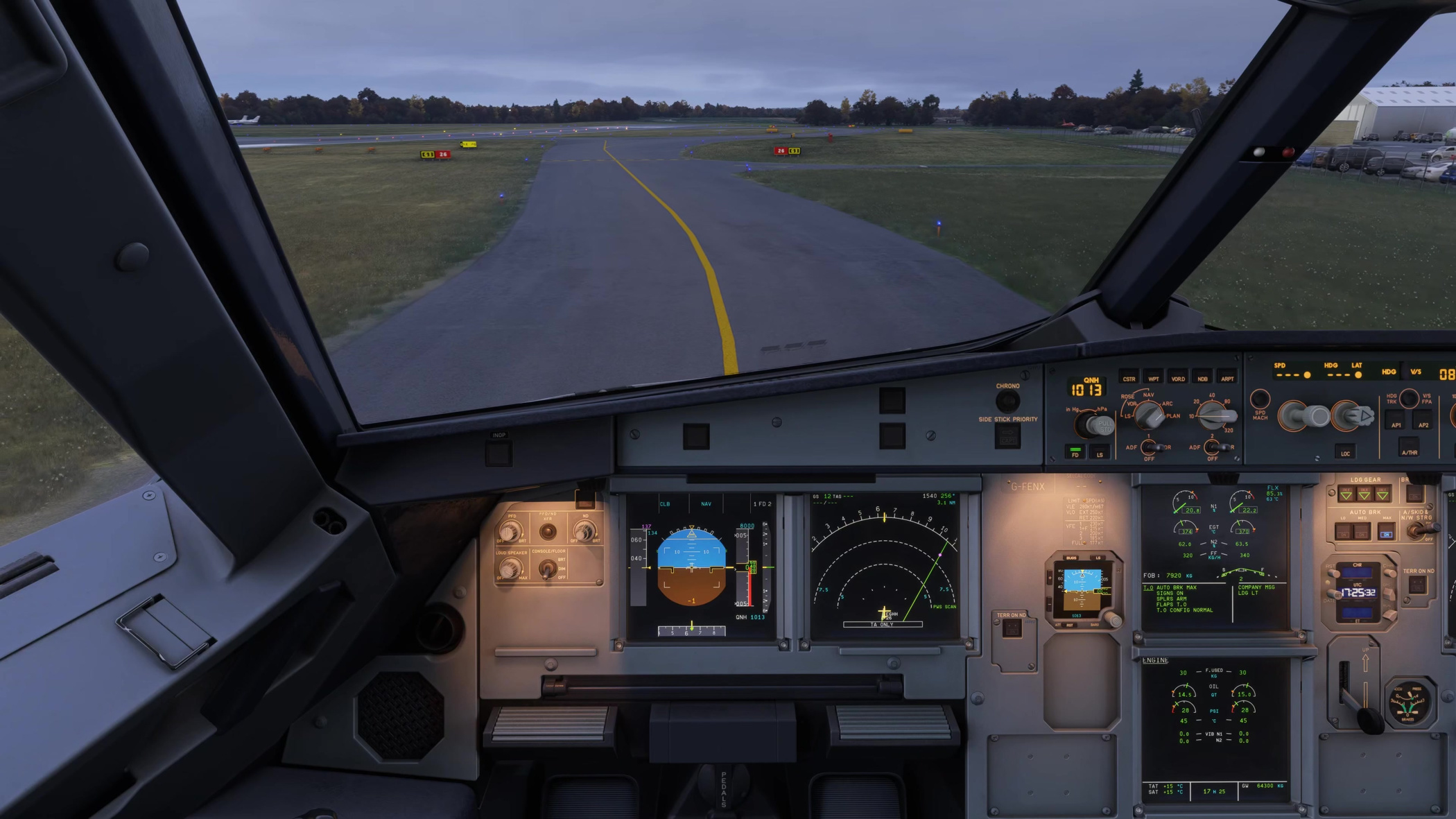 A taxi example with the centreline, runway holding-point signs and departure indications in view.