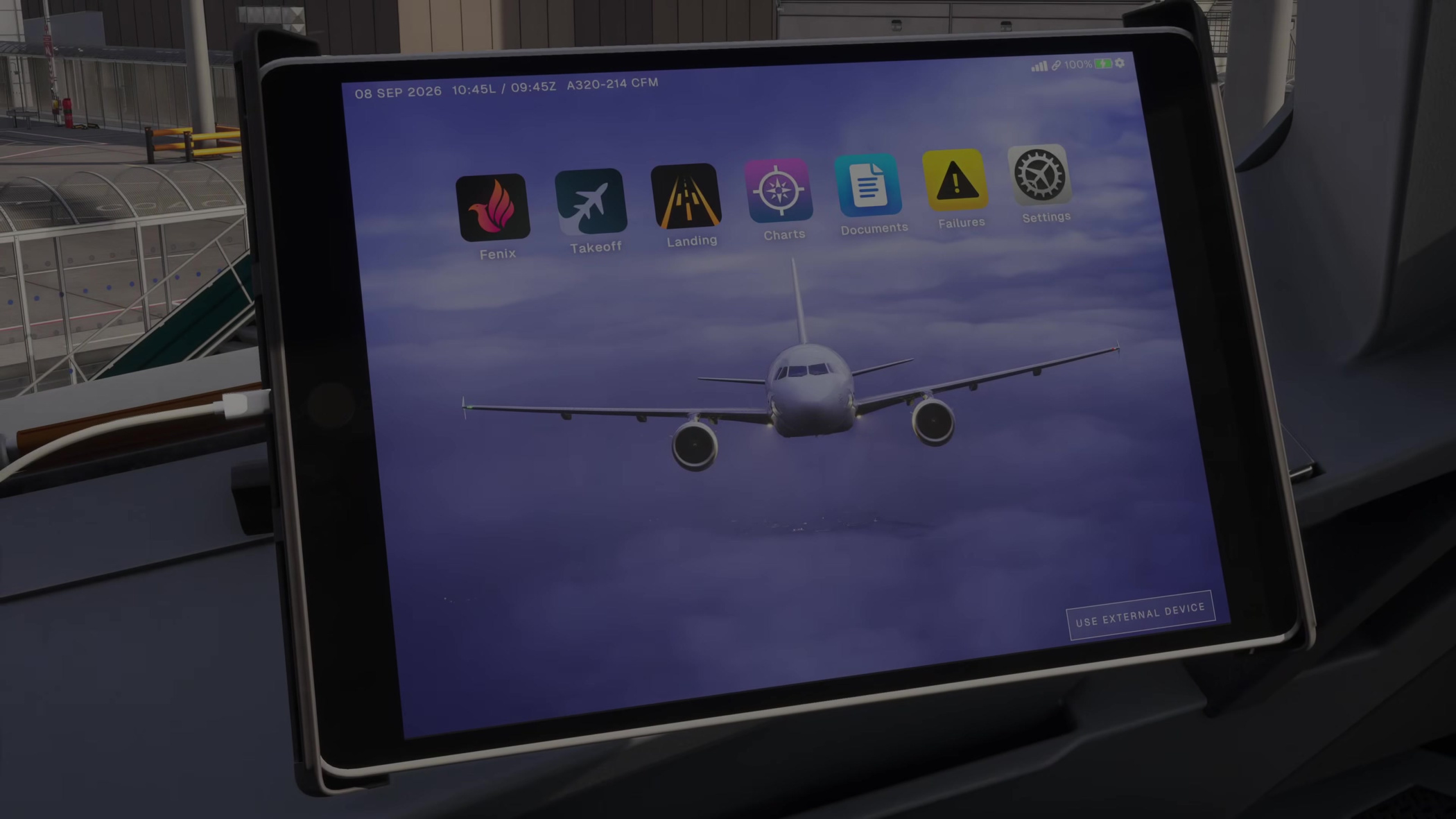The V3 EFB home screen includes the Documents app alongside the performance and chart apps.