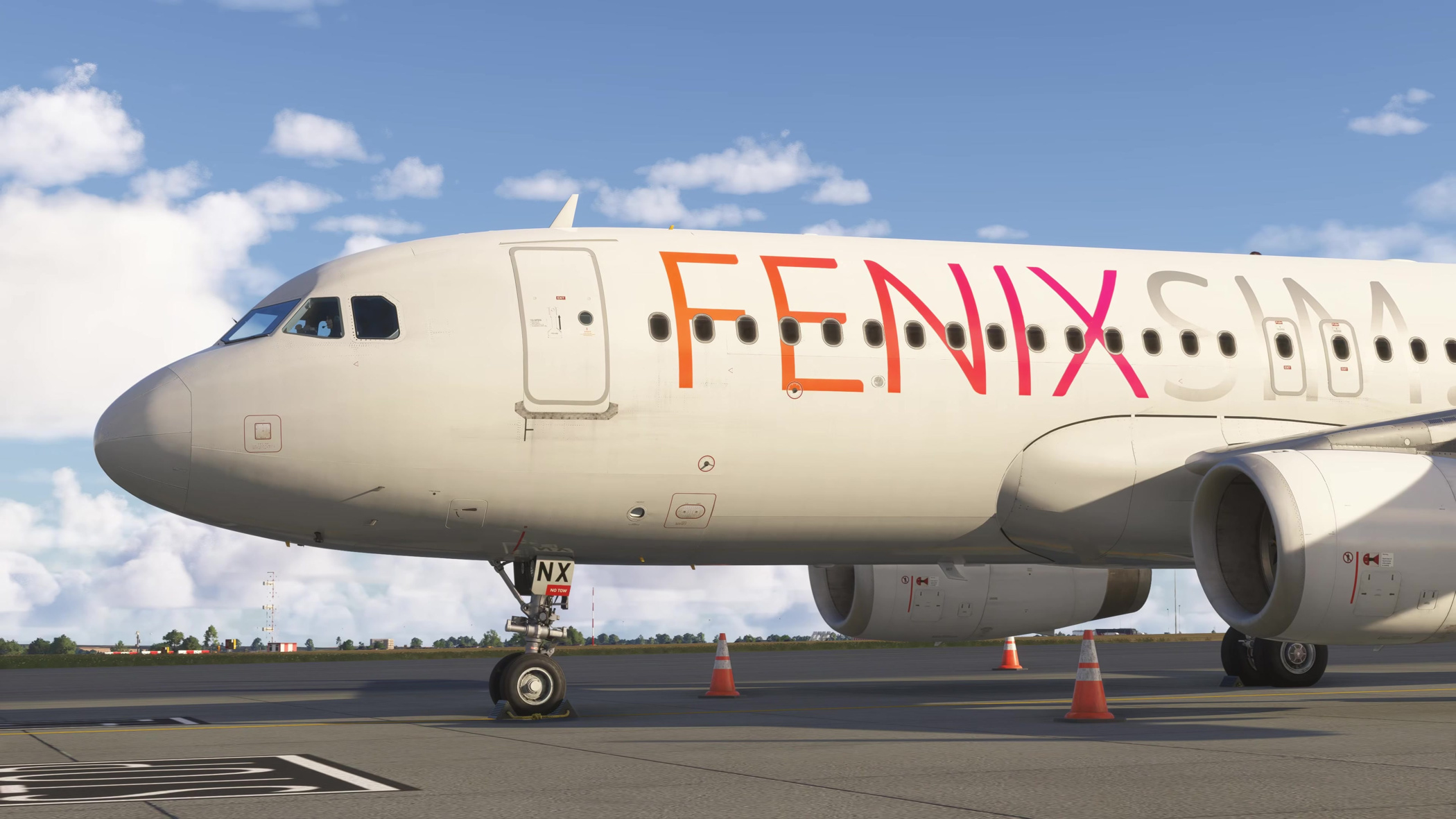 The Fenix A320 exterior model, with the forward fuselage, overwing exits and engine installation visible.