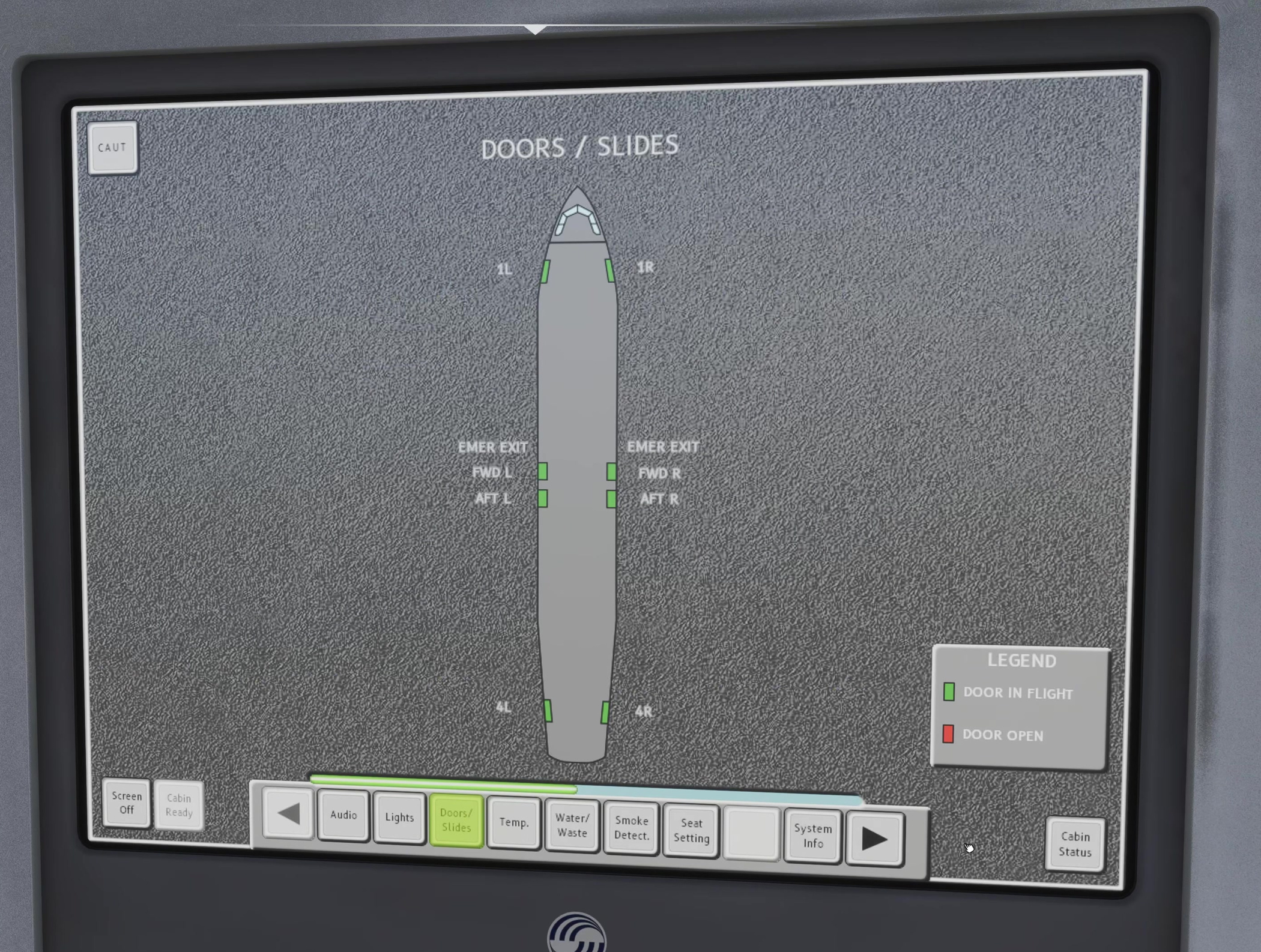 The V3 FAP DOORS/SLIDES page, with door positions, its colour legend and the separate Cabin Ready control visible.