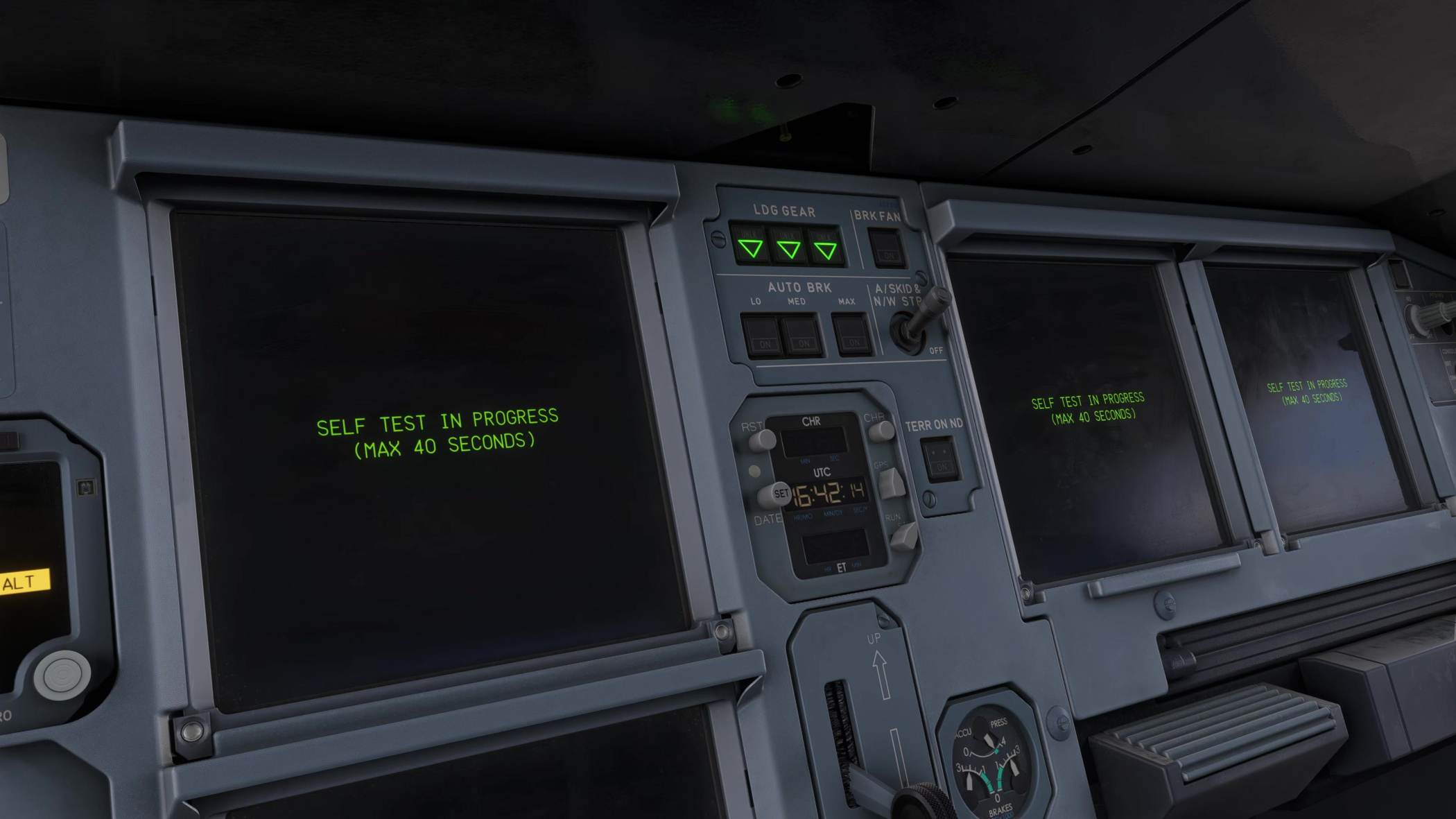 The flight-deck displays during SELF TEST IN PROGRESS in the V3 demonstration.