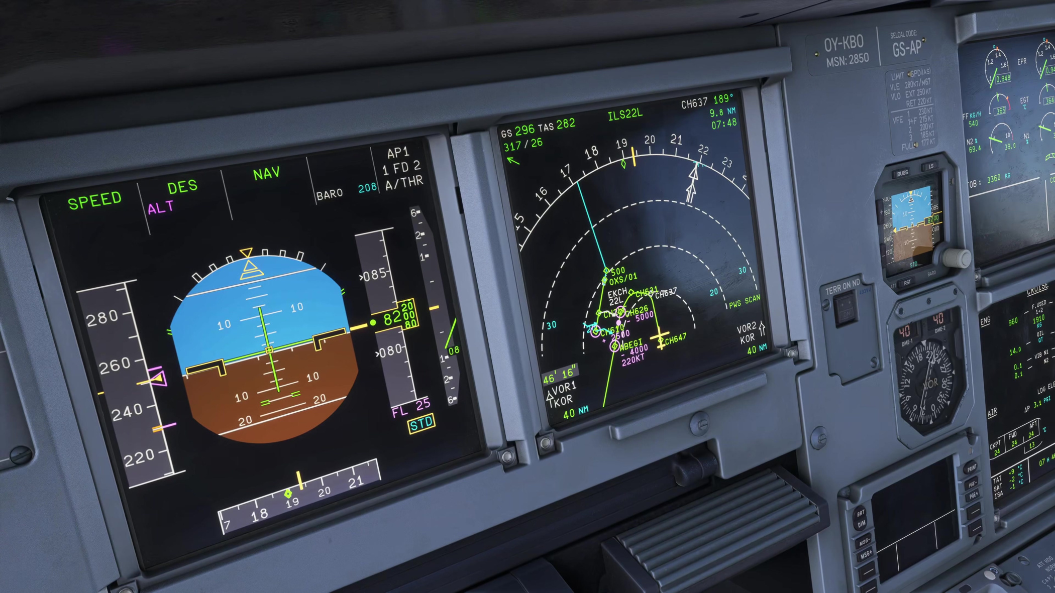 Managed-descent source example: SPEED / DES / NAV are active, with ALT armed.